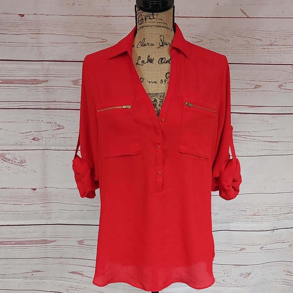 Express Red Roll-Sleeve Button-Front Blouse